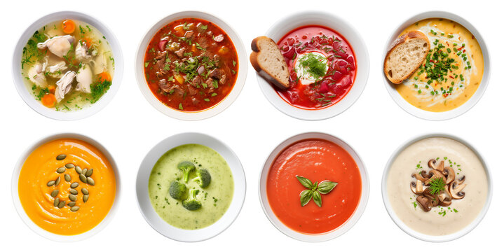 collection of soups, puree soup, broccoli soup, borscht, kharcho, mushroom soup, pumpkin soup, tomato soup, top view