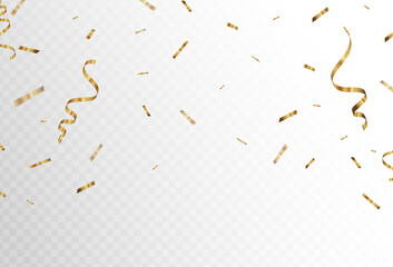Confetti explosion on transparent background. Pieces of shiny gold paper. small and thick. Vector illustration - obrazy, fototapety, plakaty