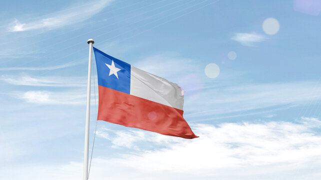 Chile national flag cloth fabric waving on the sky - Image