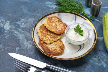 Plate of tasty zucchini fritters with sour cream on blue background