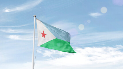 Djibouti national flag cloth fabric waving on the sky - Image