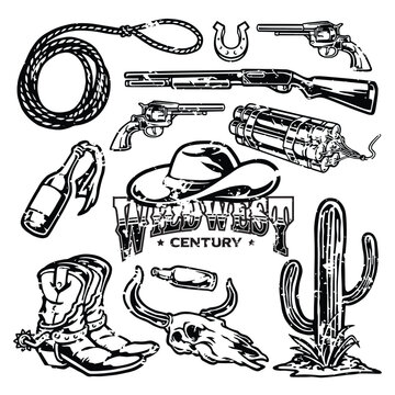 Cowboy vintage illustration set monochrome
