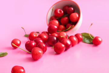 Bowl with sweet cherries on pink background