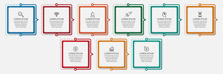 business infographic design 5 parts or steps containing icons, text and numbers, square shapes and thin colored lines that are interconnected, for workflow diagrams, banners and your business