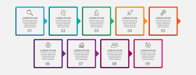 business infographic design 5 parts or steps containing icons, text and numbers, square shapes and thin colored lines that are interconnected, for workflow diagrams, banners and your business