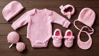 Collection of pink baby clothing and accessories neatly arranged on a wooden surface.