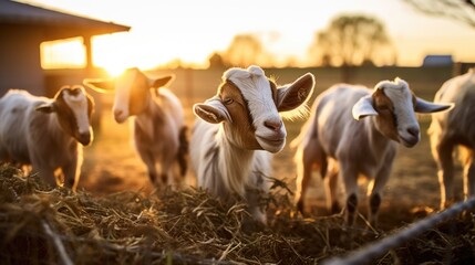 A group of curious goats gather around a feeding trough, eagerly munching on hay as the sun sets on another productive day at the peaceful dairy farm. - obrazy, fototapety, plakaty