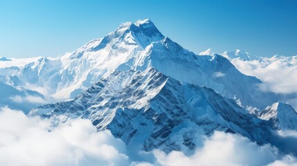 Fototapeta premium Snow-capped mountains above the clouds, clear blue sky