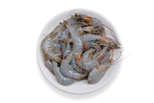 Fresh shrimp tails isolated. Raw headless prawn, pacific shrimp, uncooked tiger prawns, jumbo seafood on white plate on isolated background 