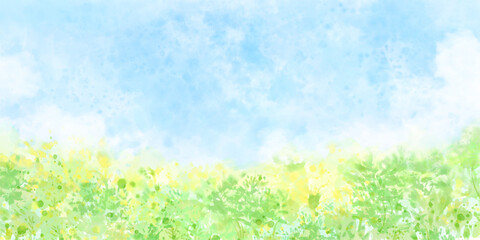 春のお花畑と青空をイメージした背景, ふんわり優しい水彩のイラストレーション - obrazy, fototapety, plakaty