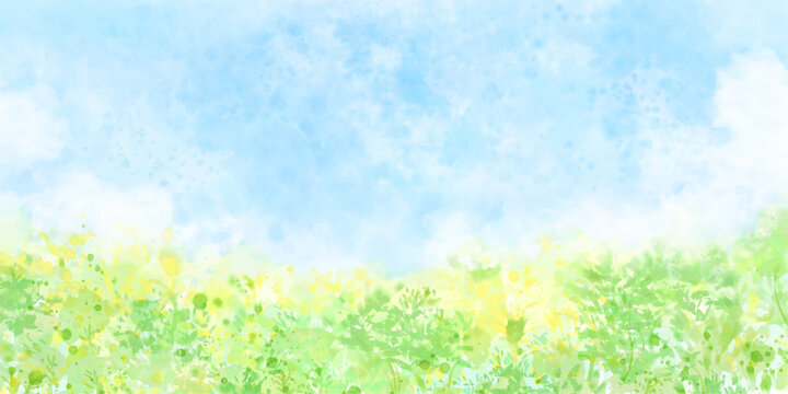 春のお花畑と青空をイメージした背景, ふんわり優しい水彩のイラストレーション