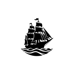 Simple Logo Sailing Ship and Sea Wave black and white