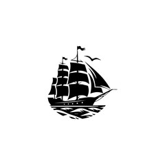 Simple Logo Sailing Ship and Sea Wave black and white