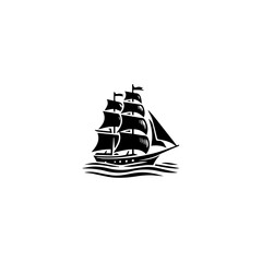 Simple Logo Sailing Ship and Sea Wave black and white