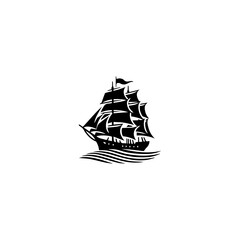 Simple Logo Sailing Ship and Sea Wave black and white