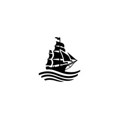 Simple Logo Sailing Ship and Sea Wave black and white