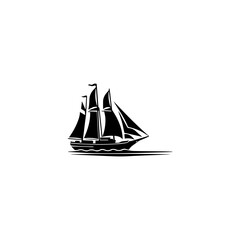 Simple Logo Sailing Ship and Sea Wave black and white