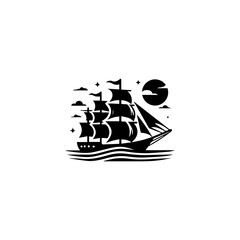 Simple Logo Sailing Ship and Sea Wave black and white