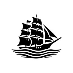 Simple Logo Sailing Ship and Sea Wave black and white