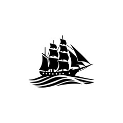 Simple Logo Sailing Ship and Sea Wave black and white