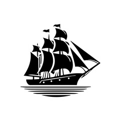 Simple Logo Sailing Ship and Sea Wave black and white