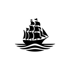 Simple Logo Sailing Ship and Sea Wave black and white