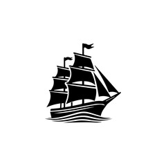 Simple Logo Sailing Ship and Sea Wave black and white