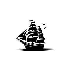 Simple Logo Sailing Ship and Sea Wave black and white