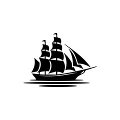 Simple Logo Sailing Ship and Sea Wave black and white
