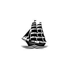Simple Logo Sailing Ship and Sea Wave black and white