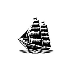 Simple Logo Sailing Ship and Sea Wave black and white