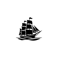 Simple Logo Sailing Ship and Sea Wave black and white