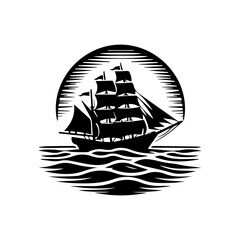 Simple Logo Sailing Ship and Sea Wave black and white