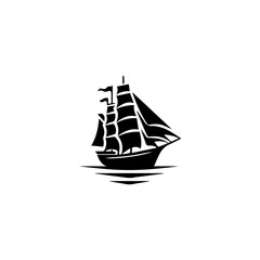 Simple Logo Sailing Ship and Sea Wave black and white
