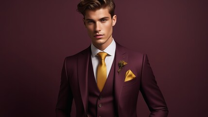 Elegant Man in Stylish Burgundy Suit with Yellow Tie and Pocket Square, Wearing a Boutonniere, Posing Against a Coordinated Burgundy Background - obrazy, fototapety, plakaty