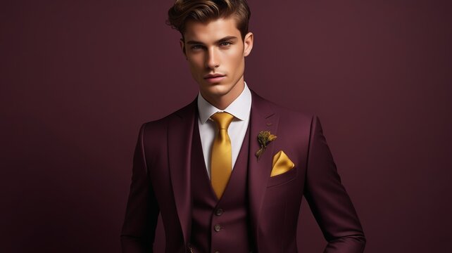 Elegant Man in Stylish Burgundy Suit with Yellow Tie and Pocket Square, Wearing a Boutonniere, Posing Against a Coordinated Burgundy Background
