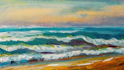 Oil painting view of the sea and mountains.