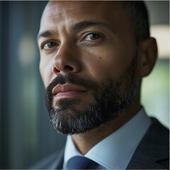Obraz premium Close-Up of a Professional Looking Out the Window, Contemplative Expression, Wearing Suit