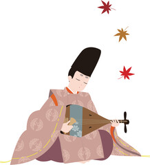 日本の貴族の古典衣裳。秋の紅葉と狩衣で琵琶を弾く男性。平安のイメージのイラスト - obrazy, fototapety, plakaty