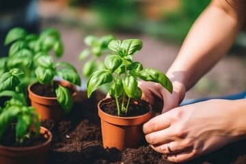Hands nurturing young basil plants in terracotta pots with rich soil, concept of home gardening and growth.