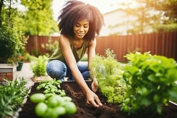 Smiling woman tenderly planting herbs in her sunlit garden, the joy of urban gardening.