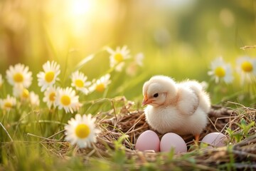 Spring chickens are hatching eggs in the nest,outside world is in a beautiful spring. Happy Easter