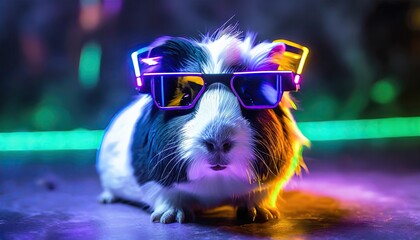 Portrait of a guinea pig with headphones and sun glasses. - obrazy, fototapety, plakaty