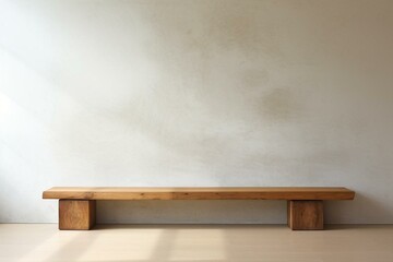 Long wooden bench on brown parquet against white concrete wall. Generative AI