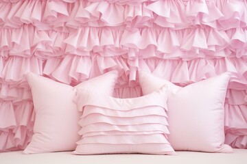 White ruffled pillow on pink background with coordinated walls. Generative AI - obrazy, fototapety, plakaty