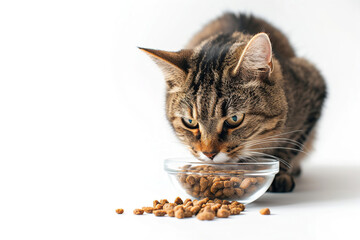 Short-haired grey cat eating dry food from transparent plate on white background.