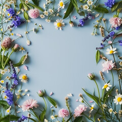 Creative Spring frame made of fresh, pastel colorful flowers and leaves. Soft pastel nature background. Copy space.