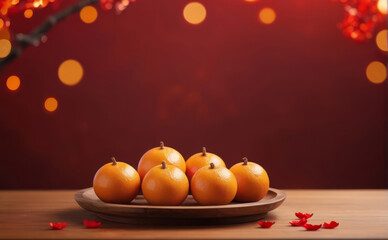 tangerines on a table, oranges chinese new year traditional fruits in a wooden plate with red and golden bokeh chinese new year ornament background with copy space