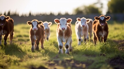 A row of healthy and robust calves, each carried to term by a surrogate mother cow, demonstrating the efficient and effective nature of embryo implantation for expanding livestock herds. - obrazy, fototapety, plakaty