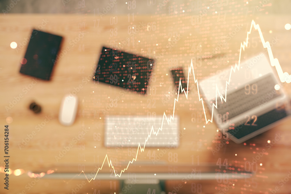 Poster multi exposure of abstract financial diagram with world map on computer background, banking and acco
